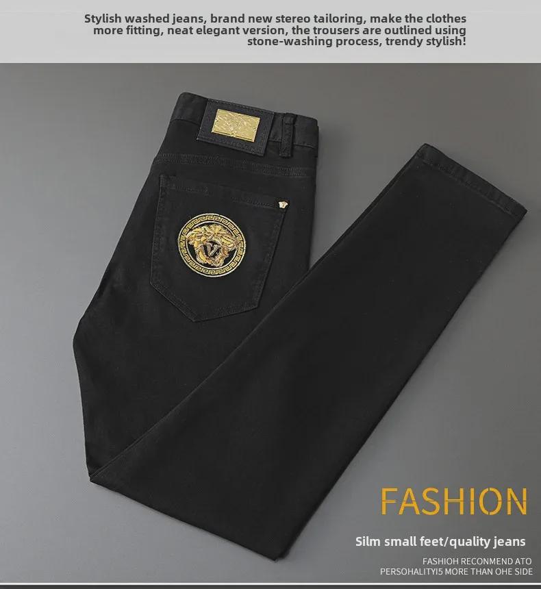 Men's Slim Straight Stretch Jeans with Gold Embroidery - Spring/Autumn Collection