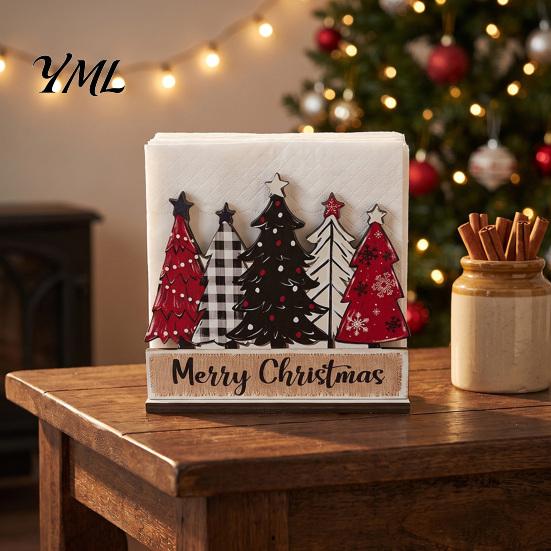 Multi-purpose Desktop Organizer Christmas Theme Wooden Napkin Holder, Decorative Holiday Paper Towel Stand, Unique Ornament Holder HD UV Printing for