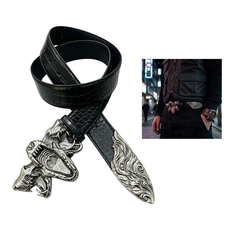 Black Embossed Waist Belt with Texture Design, Metal Buckles and PU Waist Strap for Street Wear Styling Pants Accessories
