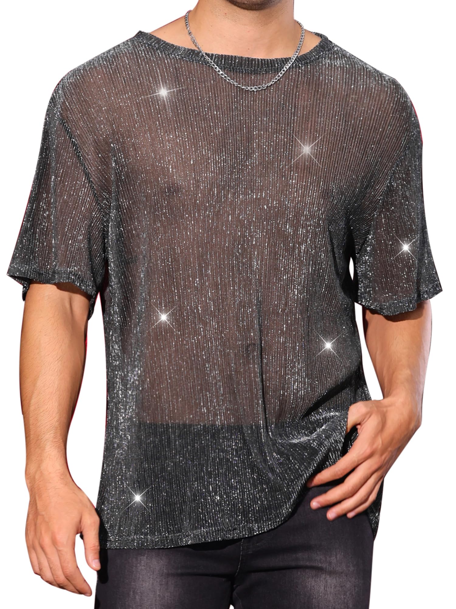 

Lars Amadeus Блестящая сетчатая прозрачная короткая блестящая футболка для и серебристая размера L, Прозрачная, Рукав, Вечеринки, Клубная одежда, Праздники, Мужская, Серая,