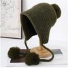 Korean Hairball Strap Solid Color Double-Layer Knitted Bomber Hat Women Simple Casual Versatile Cute Wool Pompom Beanie Cap