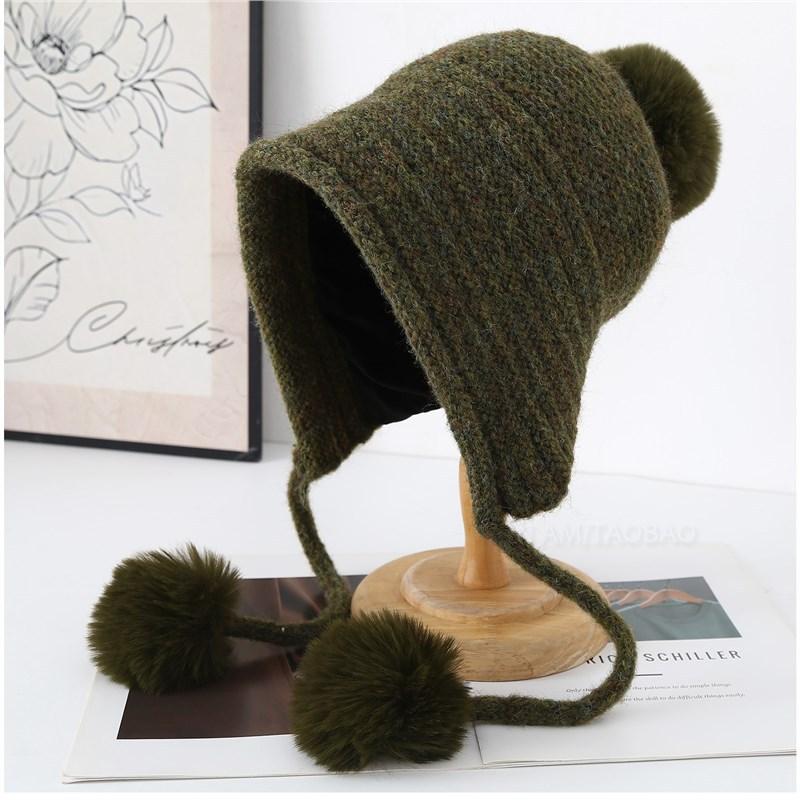 Korean Hairball Strap Solid Color Double-Layer Knitted Bomber Hat Women Simple Casual Versatile Cute Wool Pompom Beanie Cap