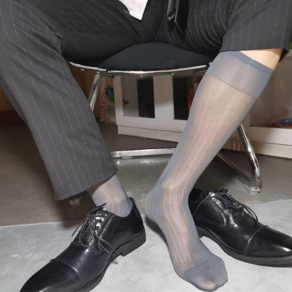 Middle Tube Solid Color Business Stockings Translucent Wide Striped Silk Socks  Business
