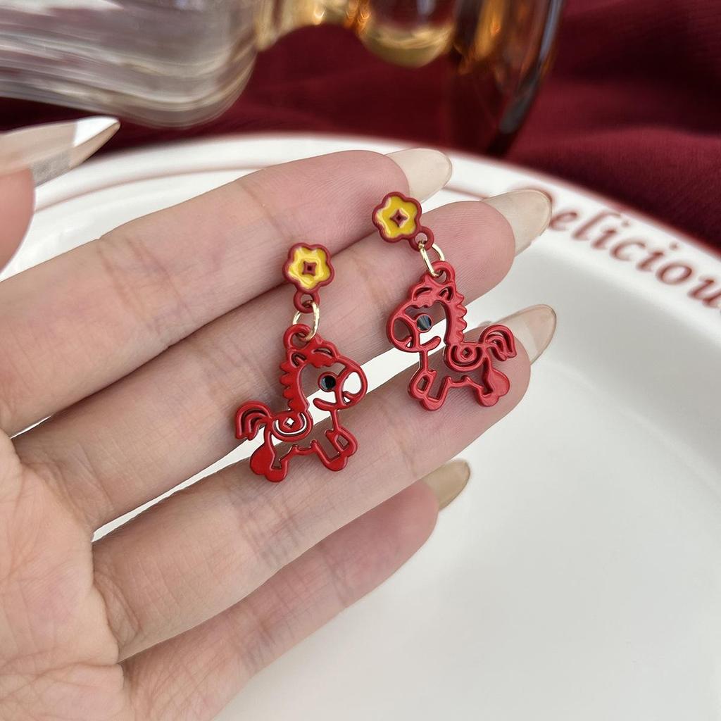 Year of the Horse 925 Sterling Silver Diamond Enamel Stud Earrings with Pearls - Retro High-End Design