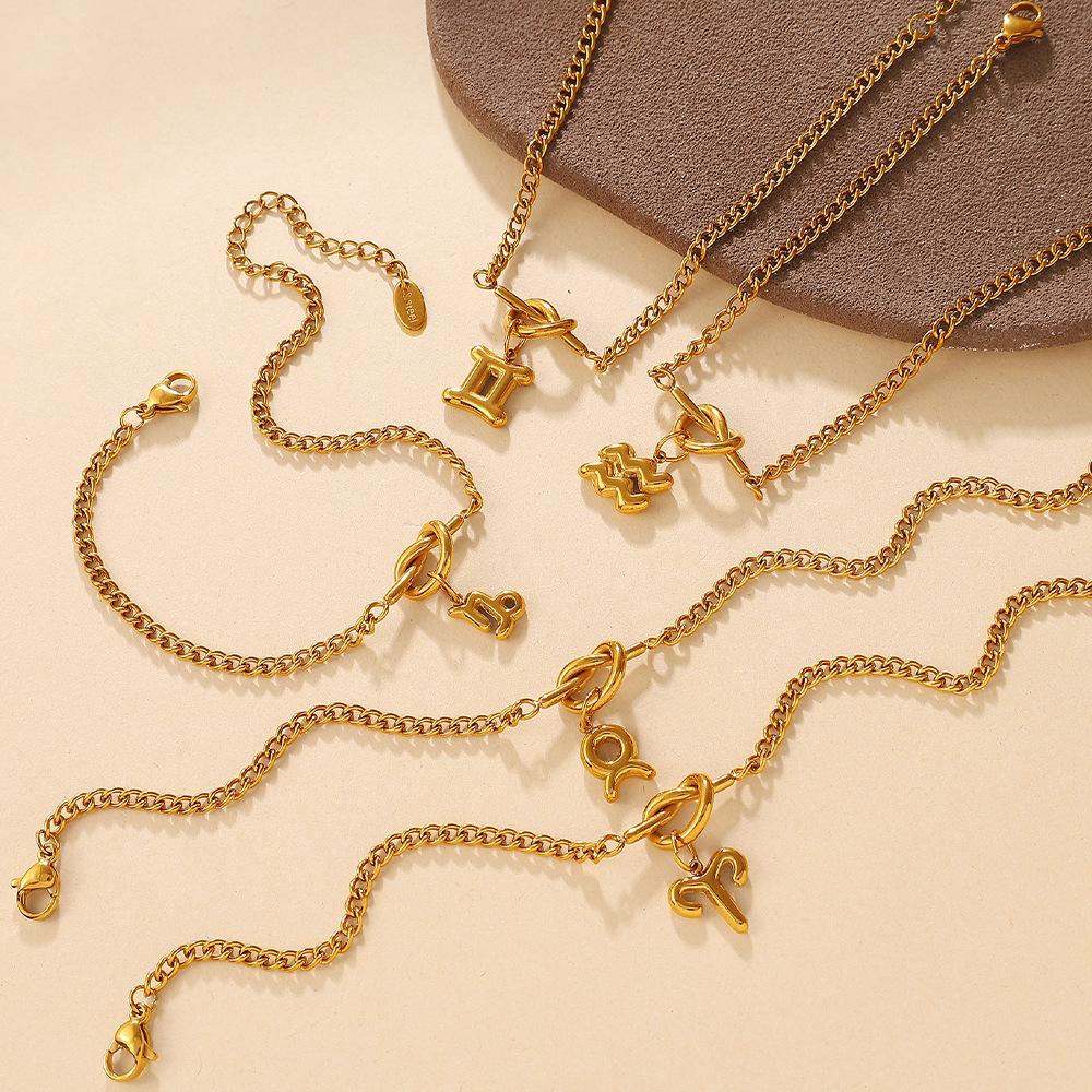 Minimalist, Wind Twelve Constellation Pendant Knotted Bracelet Stainless Steel Gold Plated Jewelry