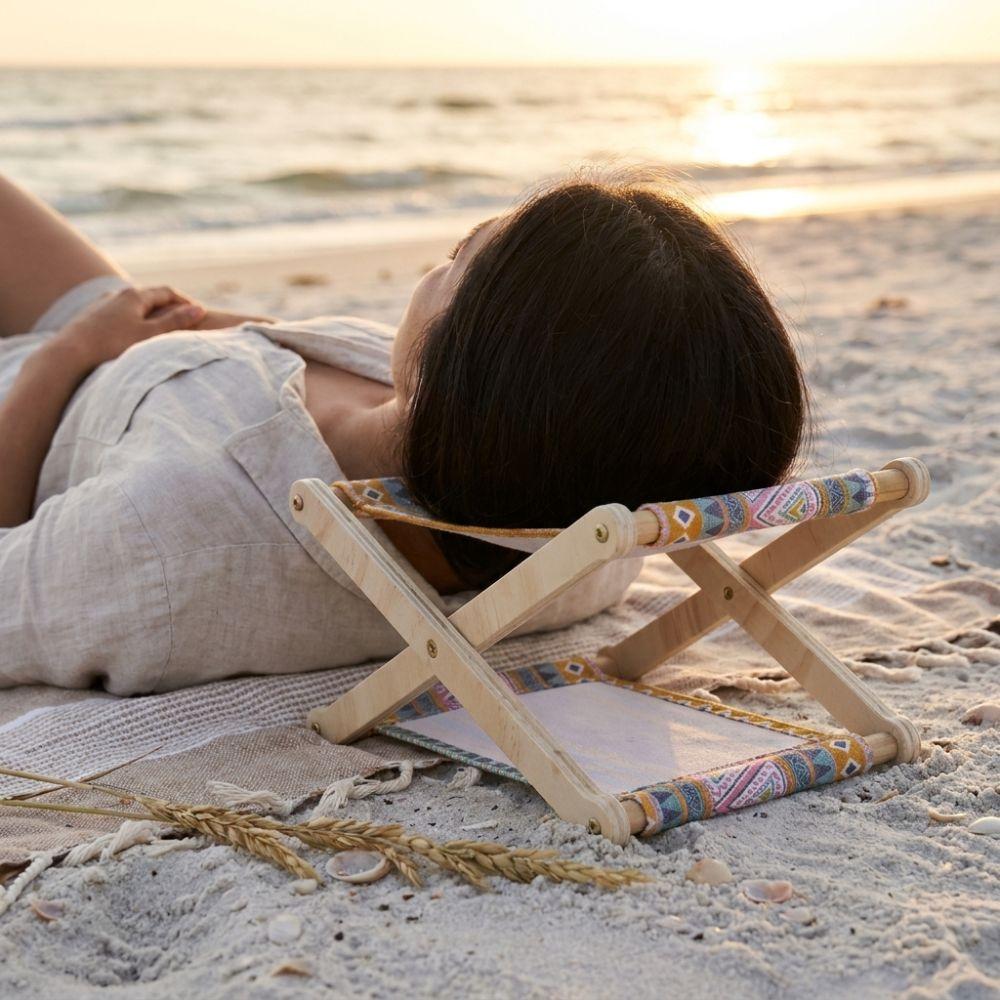 Compact Folding Wooden Beach Pillow UV Resistant Adjustable Height Canvas Lounge Headrest Sunbathing Ergonomic