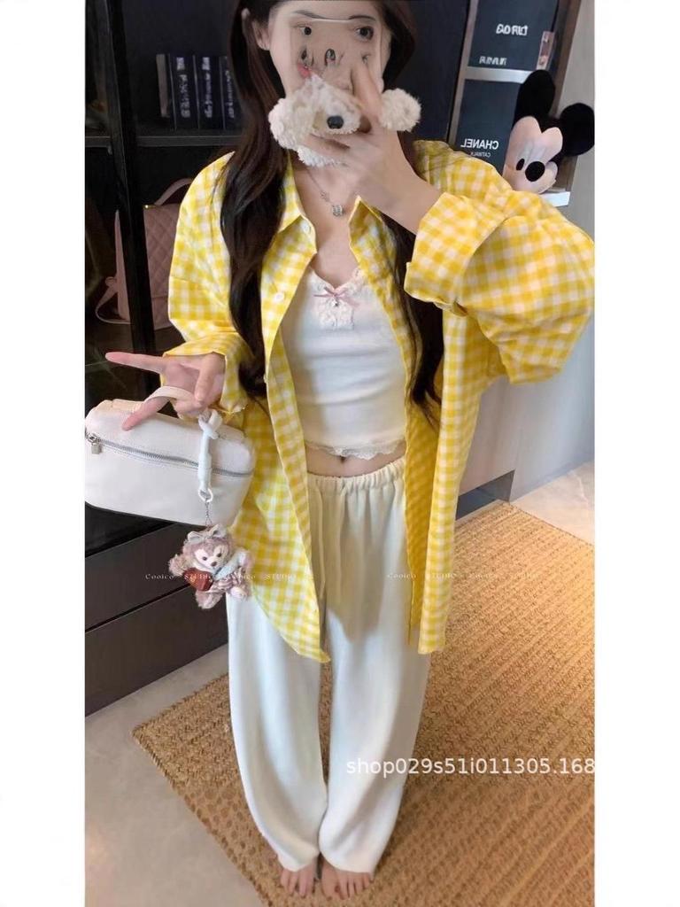 Korean Chic Yellow Plaid Sun Protection Loose Casual Shirt for Women