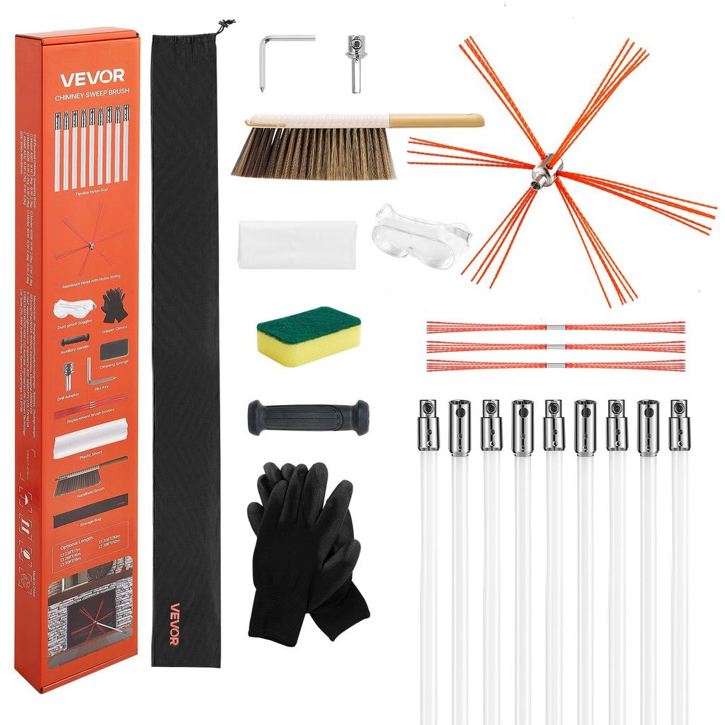 Chimney Sweep Kit, 9m Maximum Extendable Length Chimney Sweep, Chimneys Cleaning Kit with Bristle Replacements & Goggles, 90° Bendable Fireplace