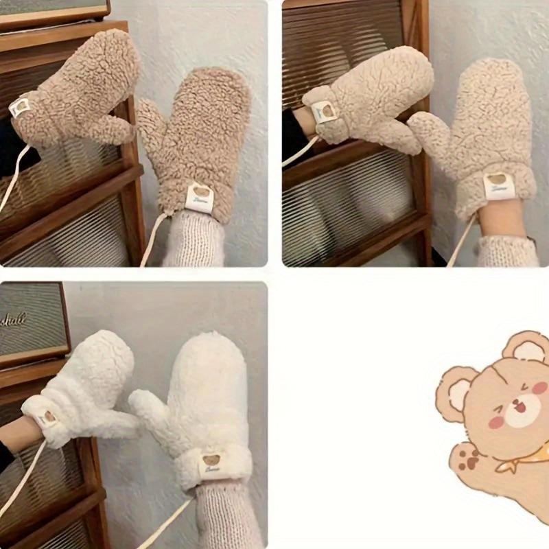 Winter Cashmere Knitted Bear Mittens - Cozy Fleece Lined Warm Gloves, Decorative Cute Animal Pattern