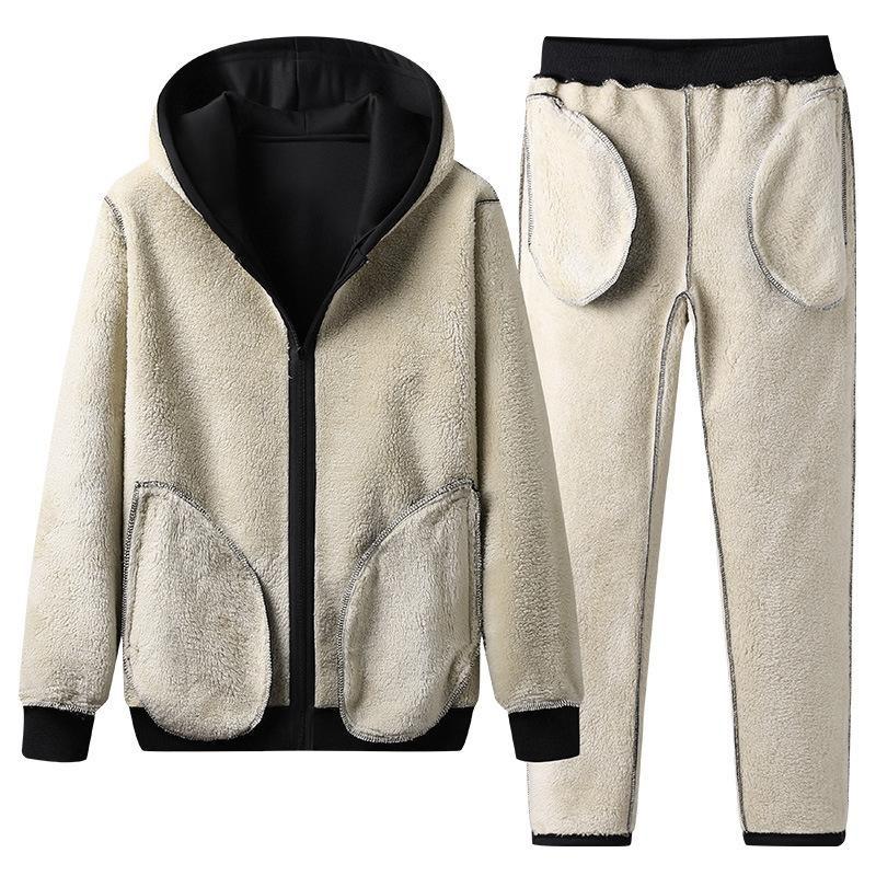 Large Size 5XL Men's Stretch Cold Proof Sportswear Set Top Hooded Sportswear Loose Warm Solid Color 1 Set Of Clothes