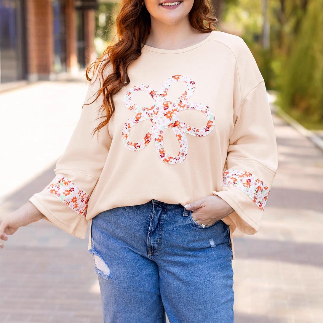 

Shiying Spring Floral Applique Loose Plus Size T-shirt for Women XL абрикосовый