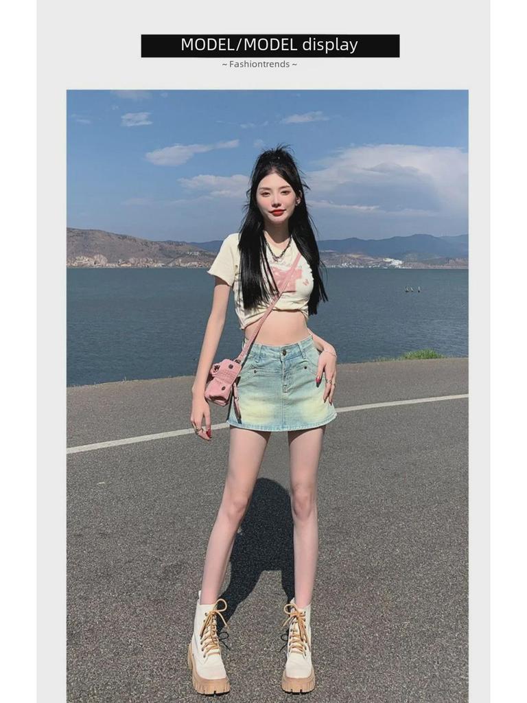 Women's High Waist Retro Denim Skort: A-Line, Anti-Exposure, Small Size