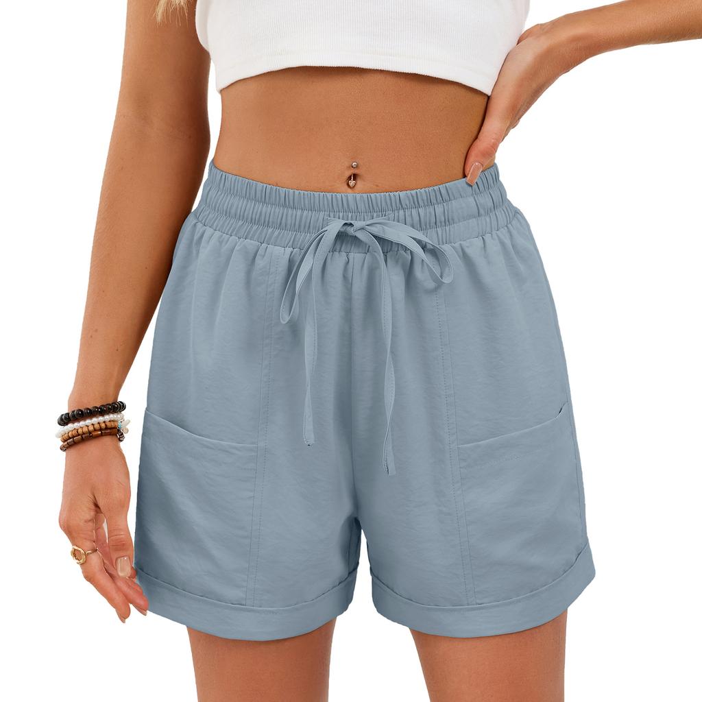 Women's Casual Fashion -Color Elastic Waistband Pocketed Wide-Leg Straight-Cut Shorts