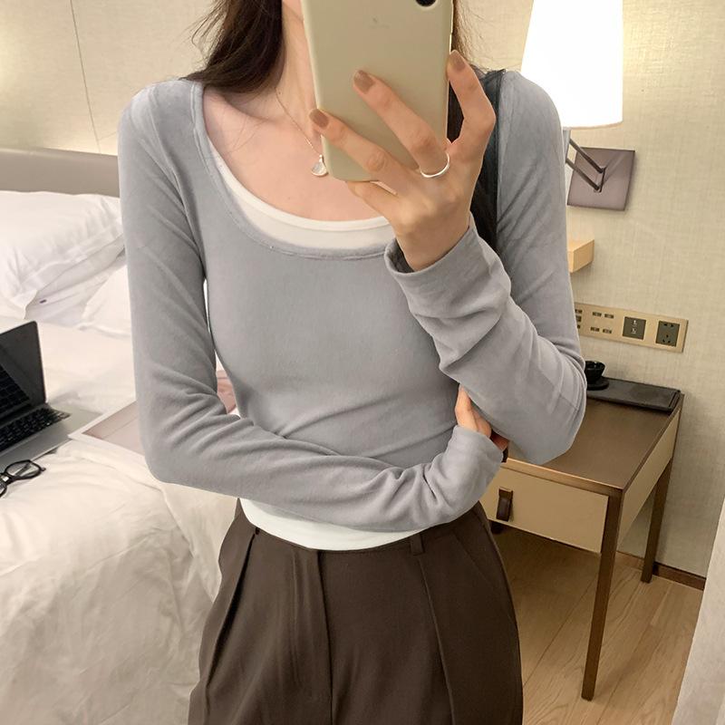 

25/5000 Женская футболка с квадратным воротником в стиле пэчворк, имитация двухкомпонентного джемпера, весенний контраст, длинные рукава для омоложения XL