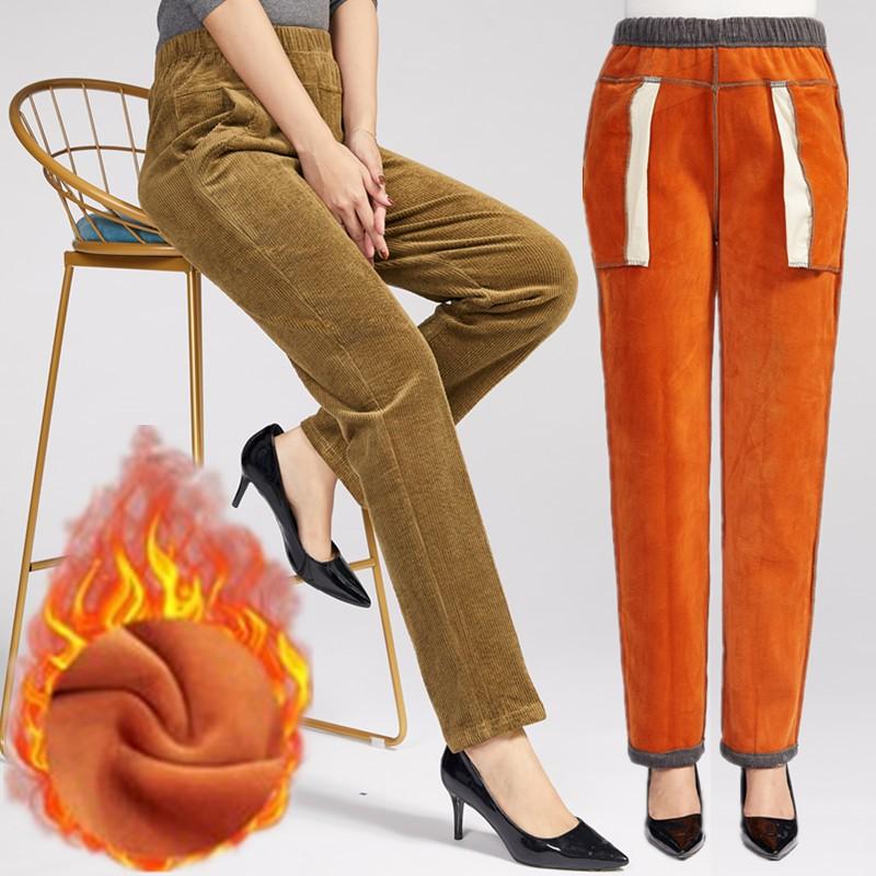 Cordhosen für Damen, Elastischer Bund Gerade Streifen Samt Mittleren Alters und Ältere Locker Lässig Winter Verdickt Oberbekleidung Mutter Plus Samt