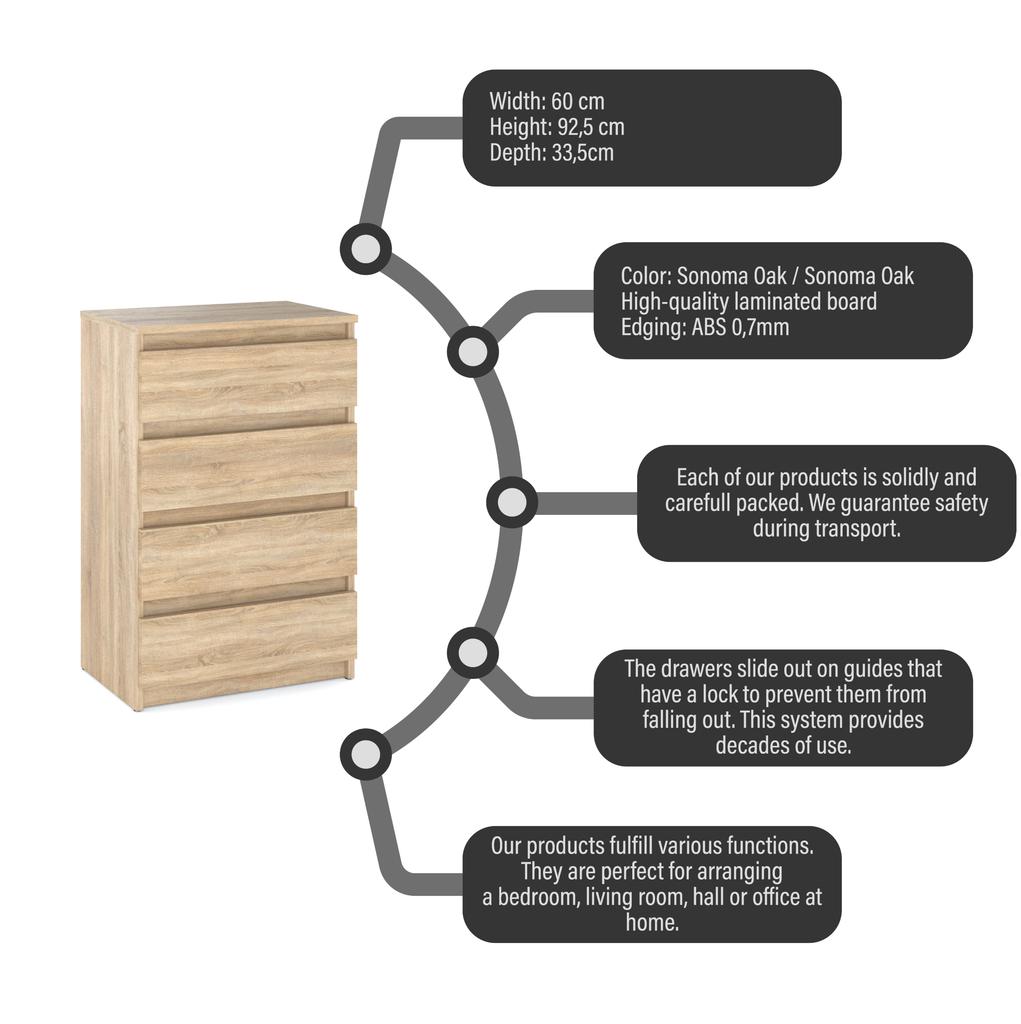 Sonoma Oak Chest of Drawers with 4 Drawers 60 CM TV Cabinet Living Room Bedroom Furniture