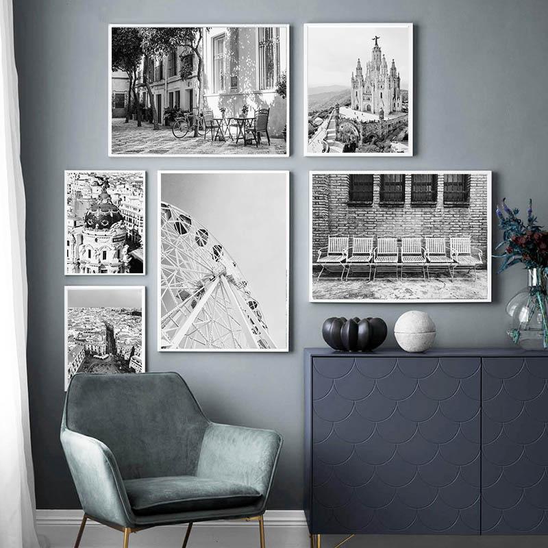 Street Scenery Canvas Paintings Home Decor Poster Print Madrid Spain Black White Landscape Modern Wall Pictures Living Room Art