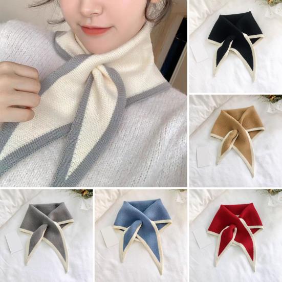 Women Scarf Patchwork Color Piercing Wrapped Short Scarf Fake Collar Winter Outdoor Cycling Wrap Around Scarf