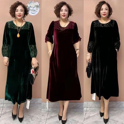 High-end Women's Plus Size Dress Long Gold Velvet Dress Crochet Loose A-line Silk Dress  Autumn  Winter