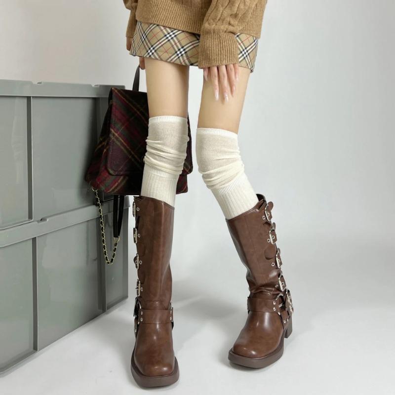 Women Thin Washable Solid Casual Long Stacked Vintage Knee-High Socks Fashion High Elasticity Outdoor Polyester Stockings 1 Pair