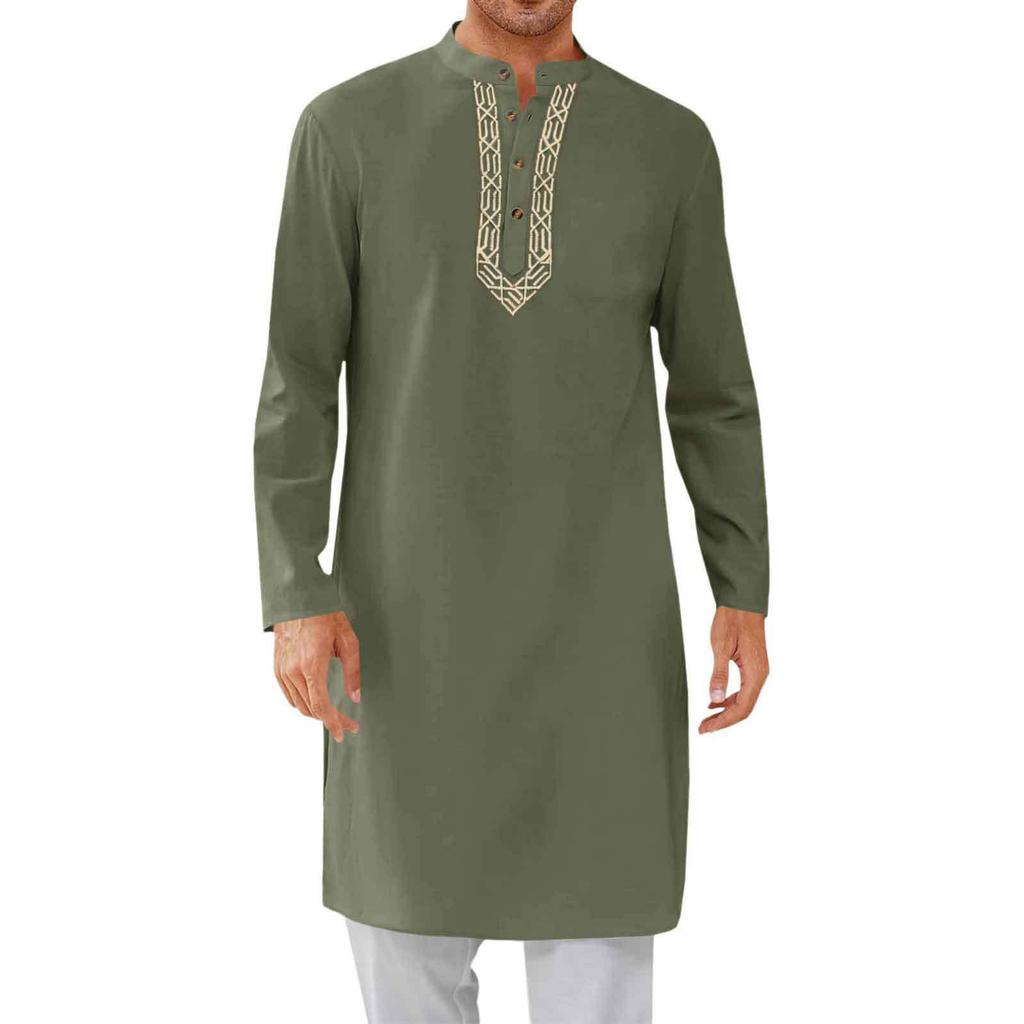 Mens Kaftan Thobe Button Down Casual  Shirts Long Sleeve Robe Cotton Linen Muslim Gown Shirt