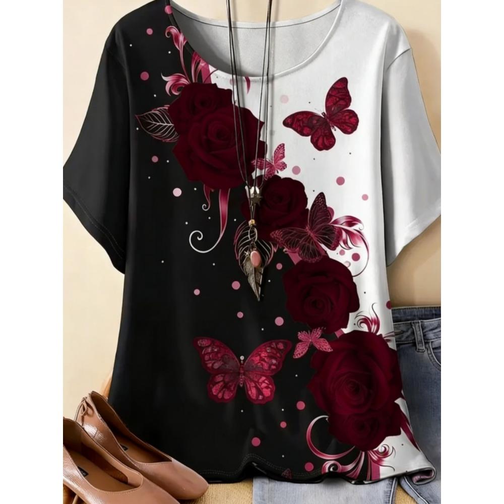Beautiful Retro Colorful Butterfly Flowers 3D Printed Short Sleeved T-shirt Fashionable Comfortable Soft Breathable Large Loose Summer Womens T-shirt