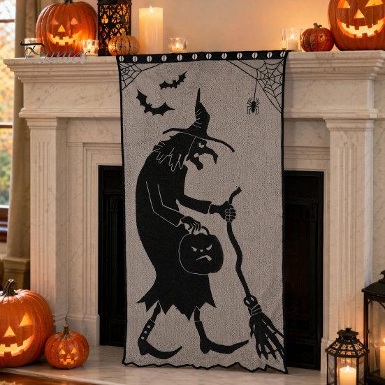 Halloween Party Table Set Door Curtain, Lace Spider Web Fireplace Cover, Scary Skeleton Witch Shrink-resistant Fabric Bat Print Window Drapes for Home