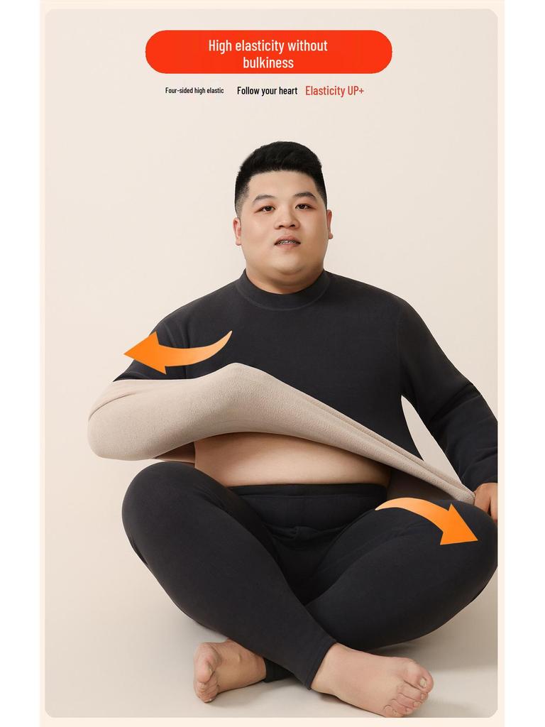Unisex Plus Size Thermal Underwear Set with Thickened Velvet and Lambskin, Round Neck, for Autumn and Winter