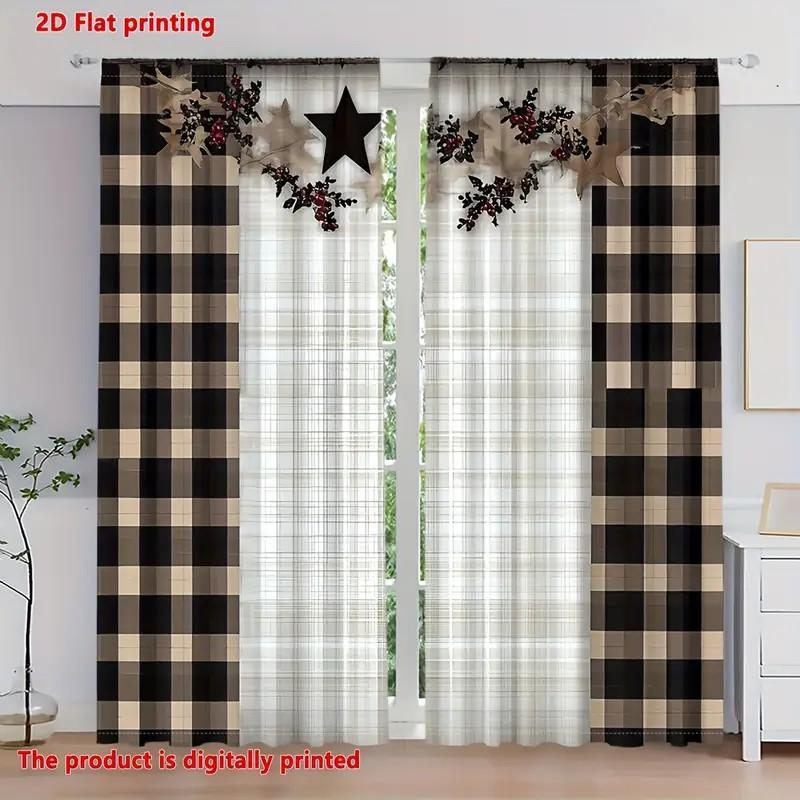 2pcs Plaid Star Design Curtains   Room Darkening Fabric Rod Pocket Curtain   Christmas Window Decor   Farmhouse Decor
