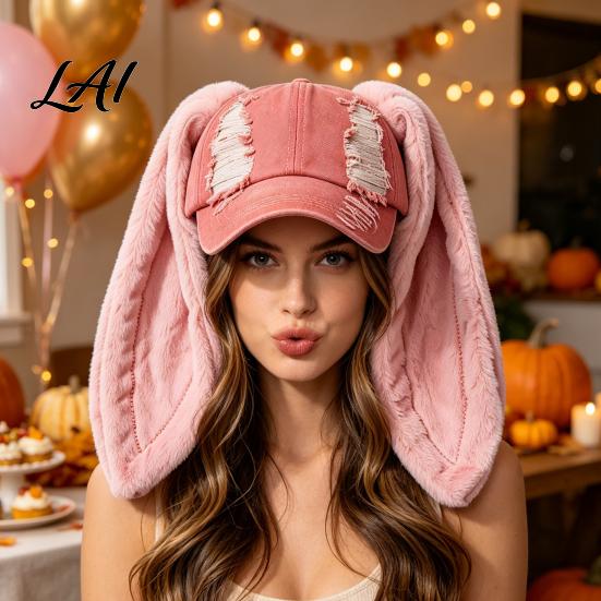 PlushLong Ear Baseball Cap with Plush Rabbit Ears Washed Distressed Peaked Hat for Bunny Ears Winter Long Dance Party Show Festivals