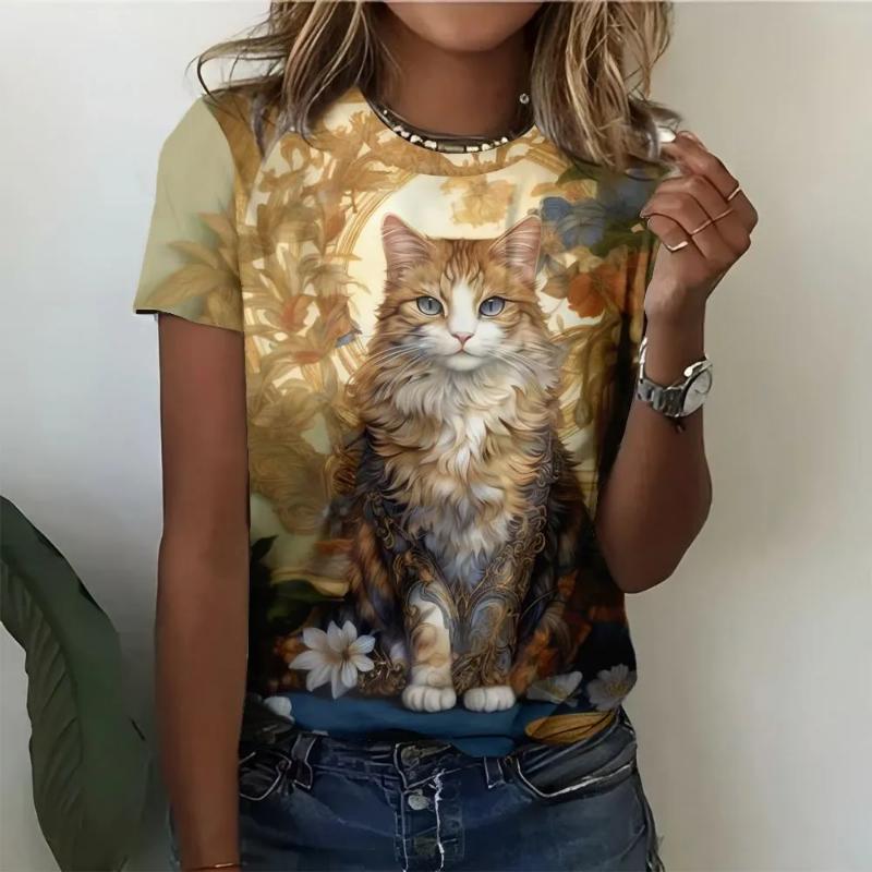 Mode Femme Col Rond Manches Courtes Impression Animale Colorée 3D T-shirt à Manches Courtes et Col Rond Animal
