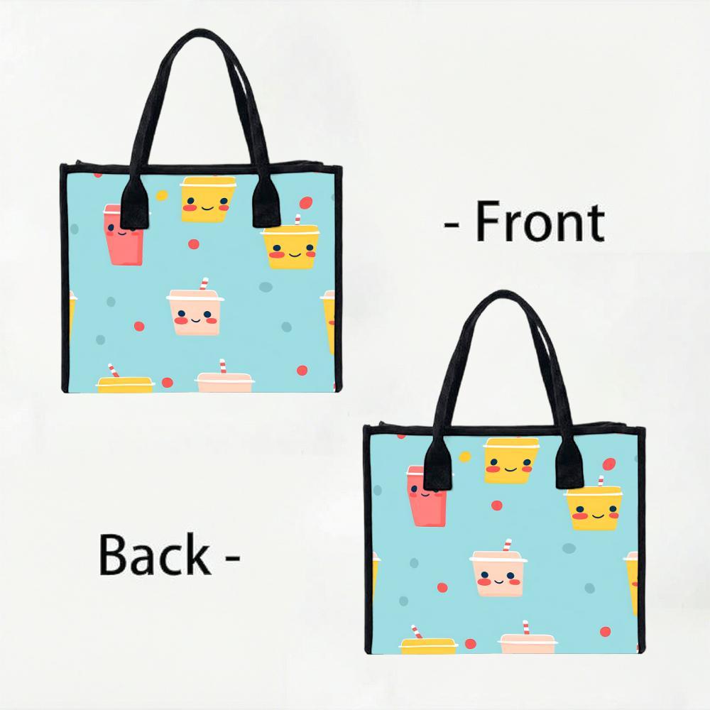 Cute Cartoon Drink Pattern Tote Bag Casual Large Capacity Portable Handbag for Daily Shopping