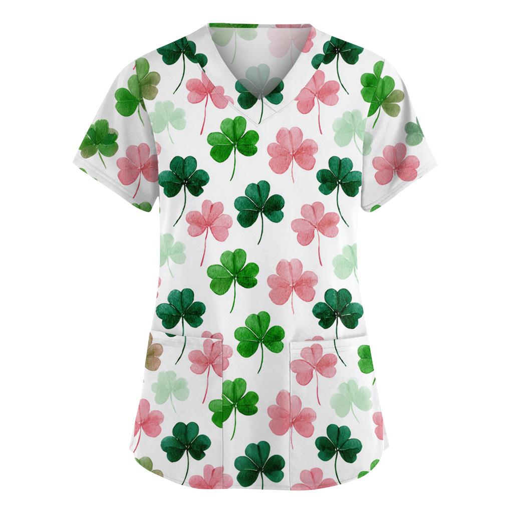 Women's Fashion V-Neck Short Sleeve Overalls With Pockets  Print Tops  Clothes