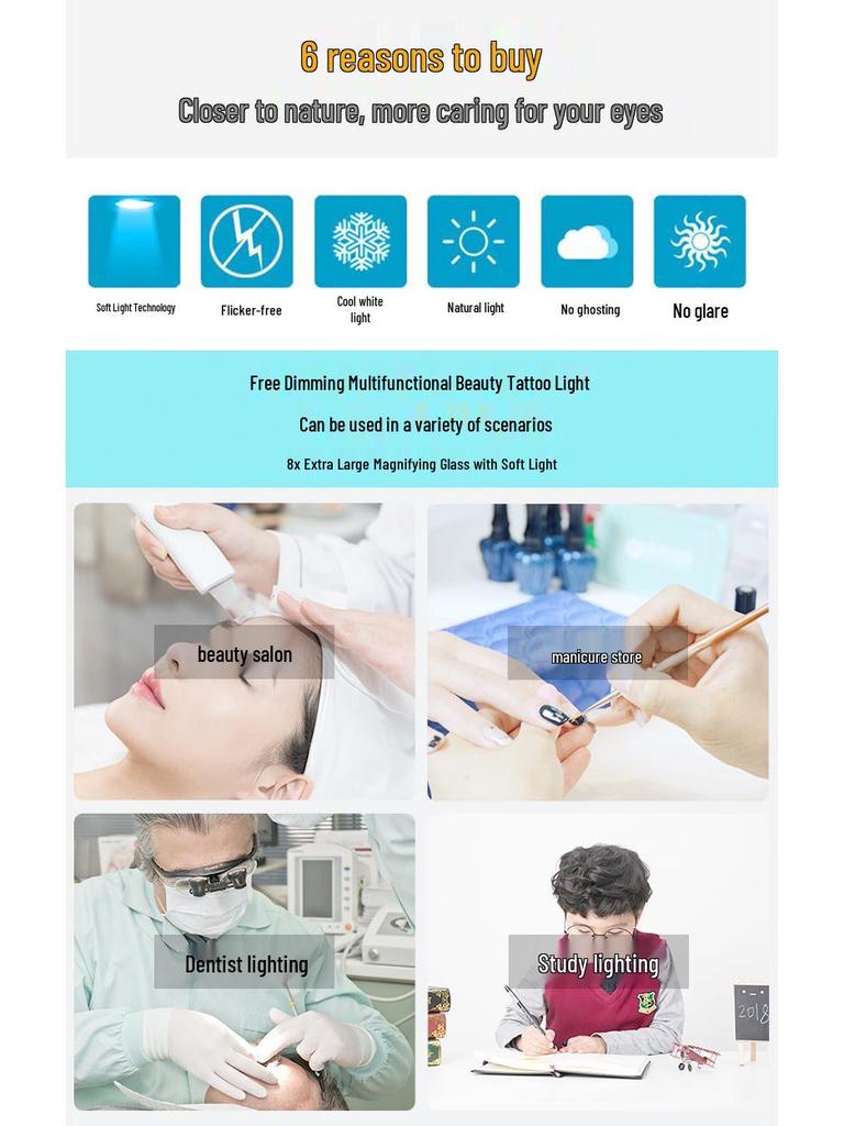 Beauty LED Cold Light Strip Magnifying Glass Floor Lamp for Eyebrow Tattooing, Manicure, Eyelash Extensions, and Embroidery