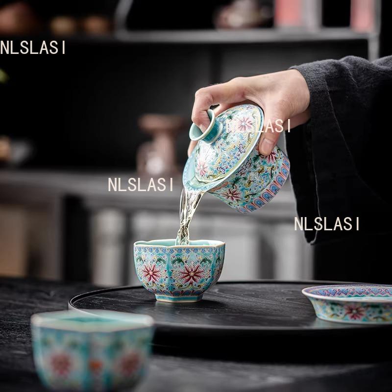 120ml Enamel Ceramic Lid Bowl Chinese Style Tea Bowl with Lid Household Large Capacity Tea Cup Kung Fu Tea Set Drinking Utensils