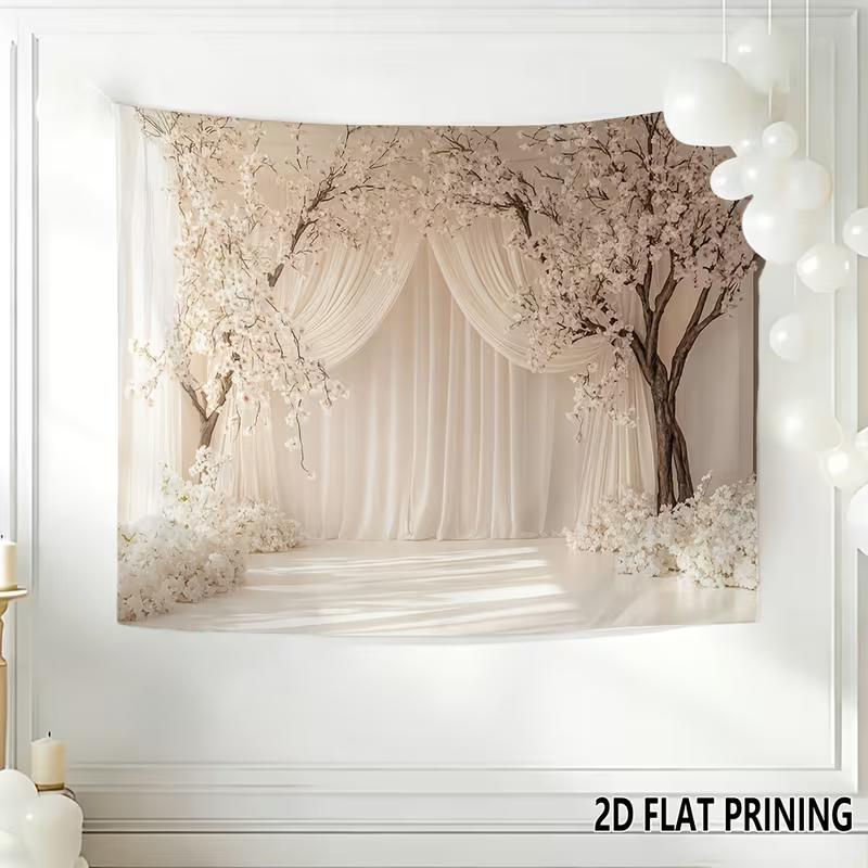 2D Cherry Blossom Wedding Tapestry, White Curtain & Flower Tree Backdrop