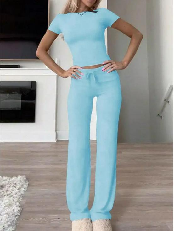 2025 Women's Spring Solid Color Casual Two-Piece Set: Short Sleeve & Long Pants