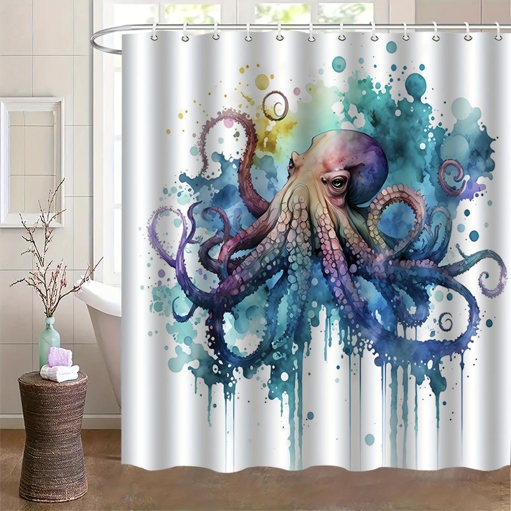 Watercolor Octopus Shower Curtain Ocean Art Sea Creature Design Bathroom Decor Waterproof Printed Bath Curtain Home Fashion
