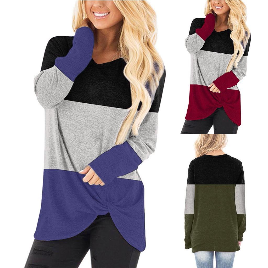 

Women s Fashion Casual Casual Splice Collared Tied Long Sleeve V Neck T Shirt