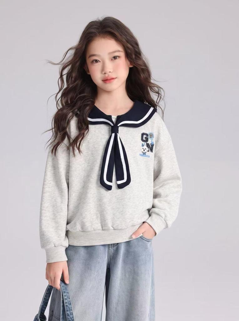 2026 Autumn New Arrivals: Navy Academy Style Bow Collar Top for Girls, Junior and Senior High School Versatile Loose Hoodie