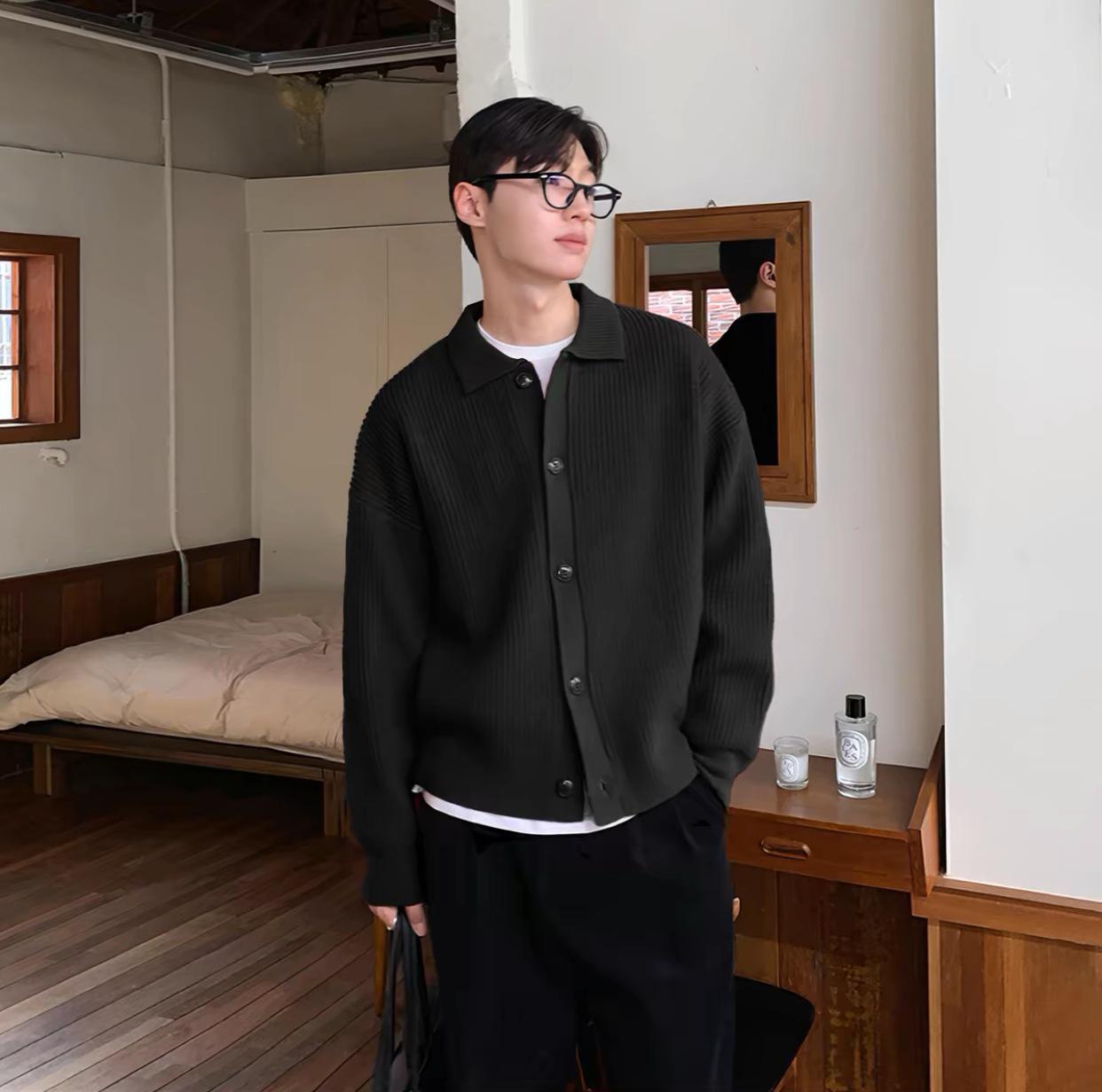 

Мужской кардиган толстой вязки: Однотонный, свободный крой, элегантный ленивый стиль для осени и зимы XL чёрный