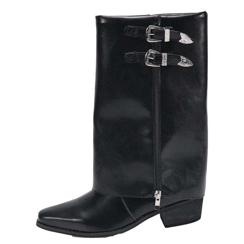 

Женская обувь 2024 Высокое качество Рукав Женские сапоги Осень Острый носок Однотонные Высокий голенище Массивный каблук Большой размер Модные сапоги 41