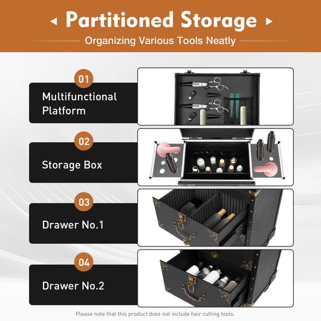 Professional 3-Tier Beauty Salon Luggage Case On Wheels, Lockable Hairdressing Tool Organizer Cart for Barbers & Stylists, Black