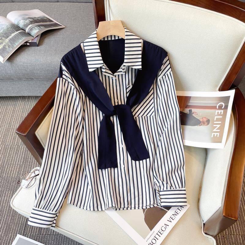 Women's Striped Patchwork Shawl Shirt - Loose, Long Sleeve, Early Spring 2026 Arrival