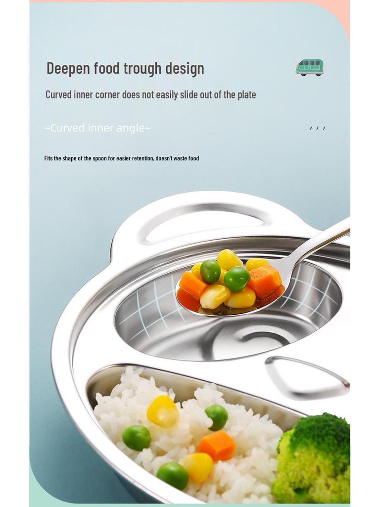 Creative 304 Stainless Steel Children's Divided Plate - Cartoon Anti-fall Design for Kindergarten and Baby Tableware.