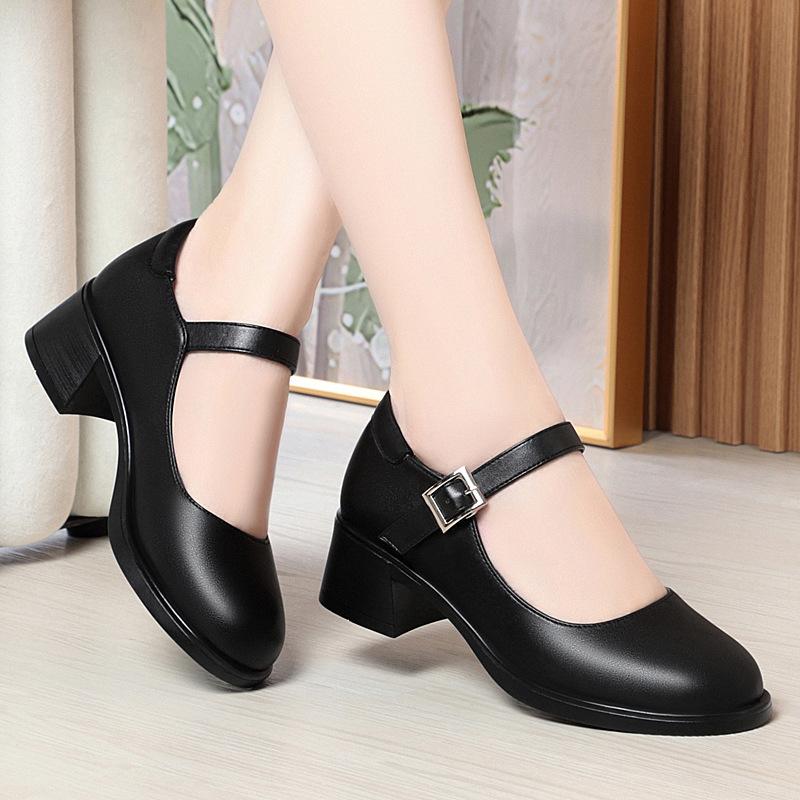 

One-word buckle single shoes women s round head thick heel soft leather soft surface soft sole women s shoes with catwalk women s leather shoes 35