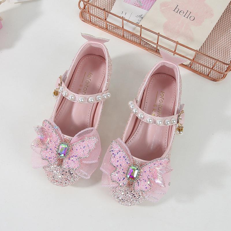 Girls' Single Shoes Elsa Princess Shoes New Spring and Autumn Style Baby Girls' Crystal Shoes Small Leather Shoes Children's High Heels