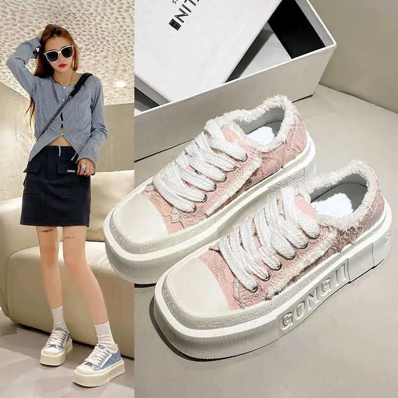 High Sole Round Tip Flat Boots Casual Traning Shoes Women's Shoes White Sneakers Sports Famous Brand Wide Fit Imported