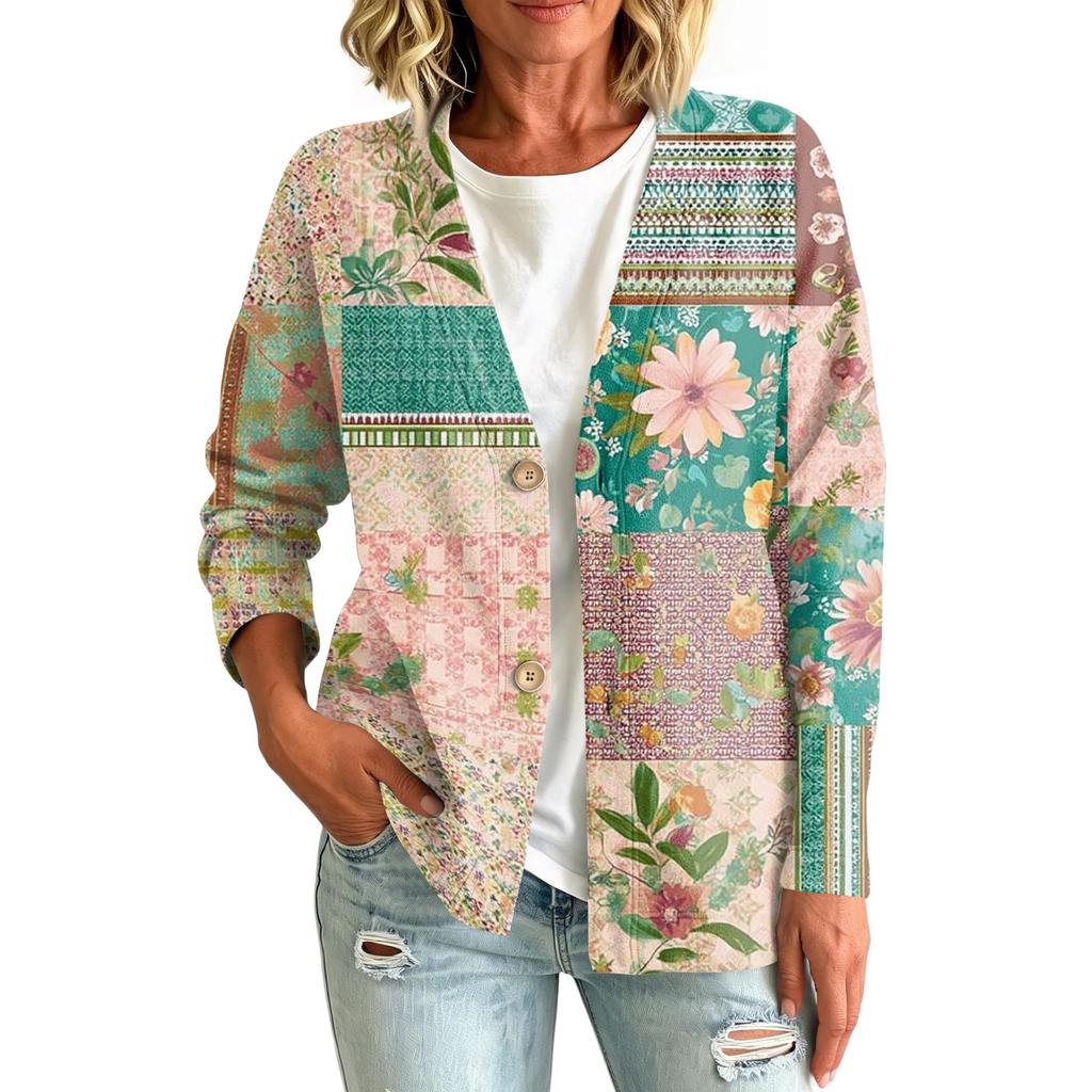 Women's fashionable casual buttoned patchwork fabric printed coat