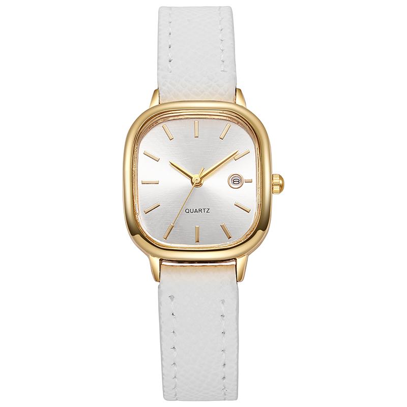 Ladies' small square dial luxury quartz watch, retro gold case with leather strap, simple daily wear